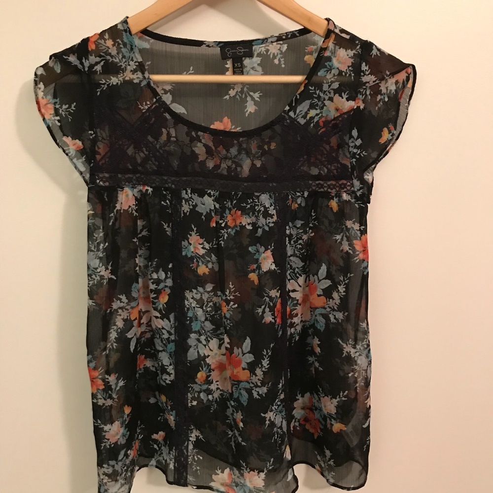 Jessica Simpson sheer black floral blouse